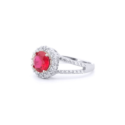 Silver Red CZ Split Shoulder Halo Solitaire Cluster Ring - ARN188R
