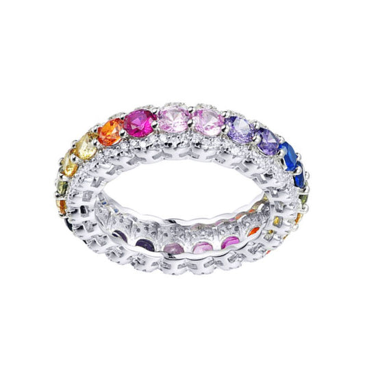 Unisex Silver Rainbow CZ Semi Halo Aurora Full Eternity Ring - ARN193