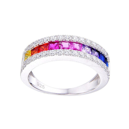 Silver Rainbow Princess CZ Channel Set Aurora Half Eternity Ring - ARN194