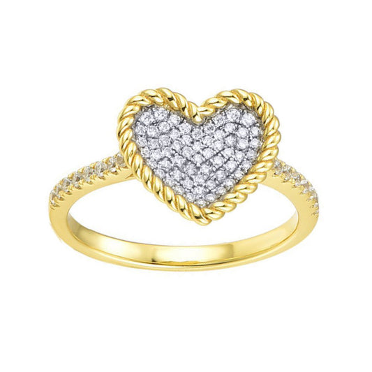 Gold-plated Silver CZ Rope Edge Encrusted Love Heart Cluster Ring - ARN196