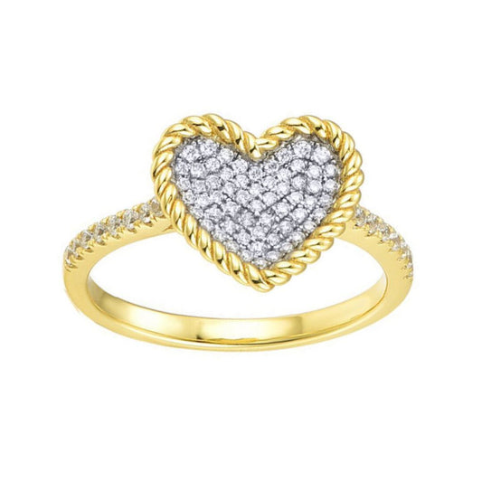 Gold-plated Silver CZ Rope Edge Encrusted Love Heart Cluster Ring - ARN196