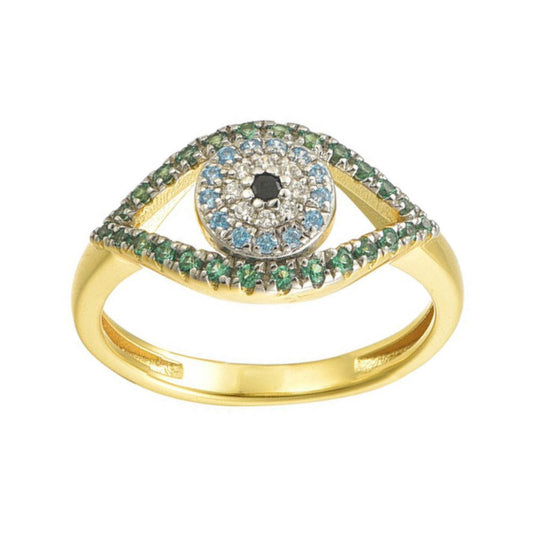 Gold-plated Silver Green Blue Black CZ Anti Envy Evil Eye Ring - ARN197