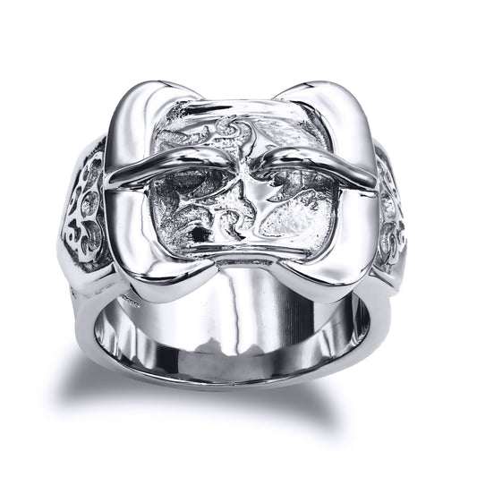Mens Solid Rhodium-plated Silver Double Buckle Ring - ARN200