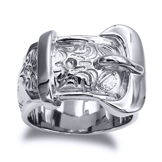 Mens Solid Rhodium-plated Silver Single Buckle Ring - ARN203