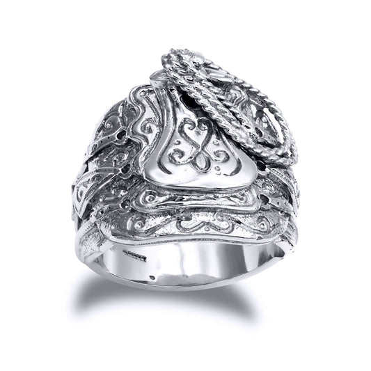 Mens Solid Rhodium-plated Silver Horse Saddle Rope Ring - ARN204