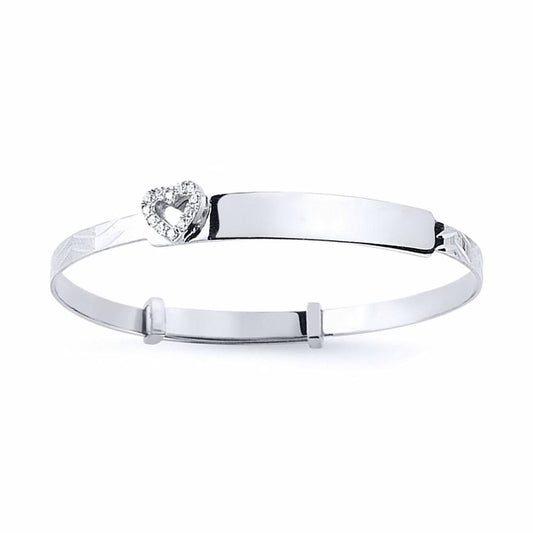 Girls Silver CZ Heart Expanding ID Baby Bangle Bracelet - BN48