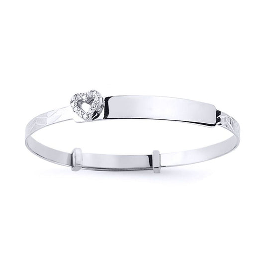 Girls Silver CZ Heart Expanding ID Baby Bangle Bracelet - BN48