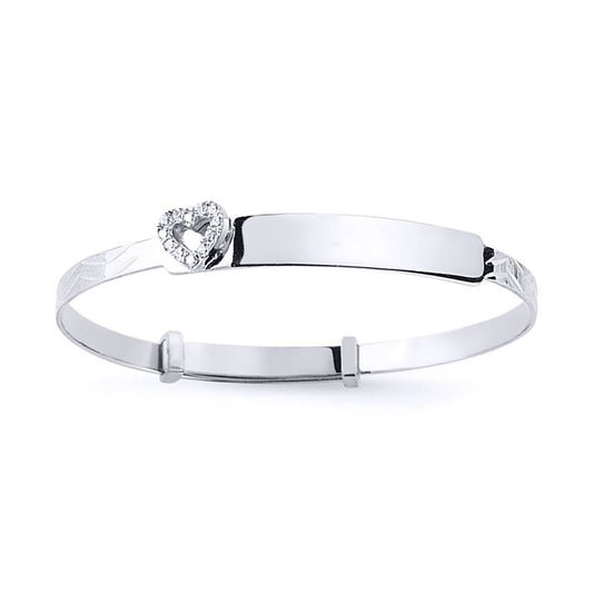 Girls Silver CZ Heart Expanding ID Baby Bangle Bracelet - BN48