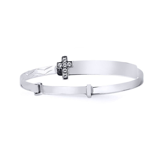 Kids Silver CZ Cross Expanding ID Baby Bangle Bracelet - BN49
