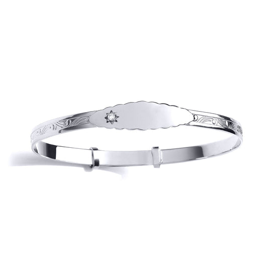 Kids Silver CZ Scallop Edge ID Bar Expanding Bracelet 8mm - BN85
