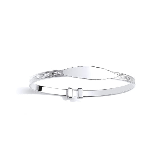 Silver Scalloped Edge ID Bar Engine Turned Kisses Bangle Bracelet - BN88