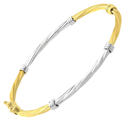 9ct White & Yellow Gold Collar Tube Twist Bangle Bracelet 2.5mm - BNGAXL1501YW