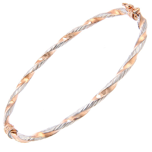 9ct Rose & White Gold Ribbed Candy Ribbon Twist Bangle Bracelet - BNGAXL1600RW