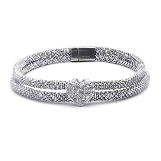 Silver CZ Popcorn Love Heart Magnetic Charm Bracelet 19cm 7.5" - BRC119