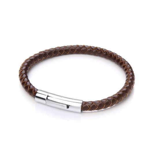 Mens Steel Brown Leather Platted Strap Bracelet 6mm 8 inch - BRC132BRN
