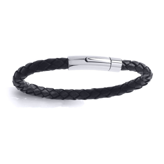 Mens Steel Black Leather Platted Strap Bracelet 6mm 8 inch - BRC132