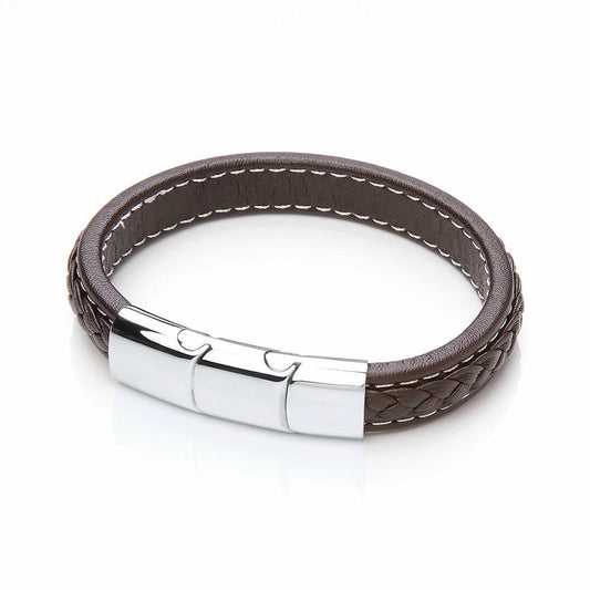 Mens Steel Brown Leather Platted Strap Bracelet 12mm 8.5 inch - BRC151BRN