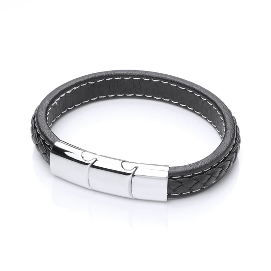 Mens Steel Black Leather Platted Strap Bracelet 12mm - BRC151