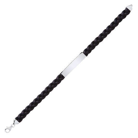 Mens Steel Black Leather Platted ID Strap Bracelet 8mm 8 inch - BRC153BLK