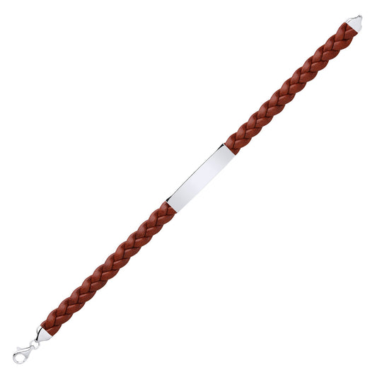 Mens Steel Brown Leather Platted ID Strap Bracelet 8mm 8 inch - BRC154BRN