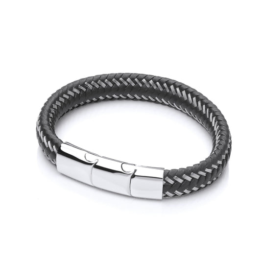 Mens Steel Black Leather Platted Strap Bracelet 12mm 8.25-9 inch - BRC155BLK