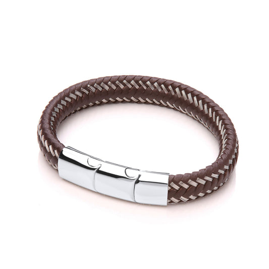 Mens Steel Brown Leather Platted Strap Bracelet 12mm 8.25-9 inch - BRC155BRN