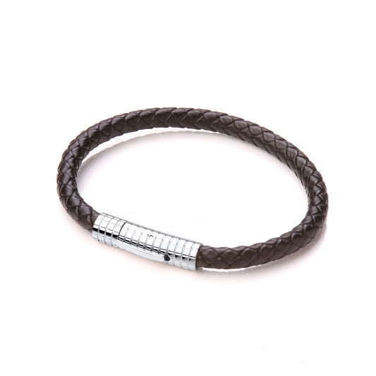 Mens Steel Black Leather Platted Strap Bracelet 9mm 8.5 inch - BRC156