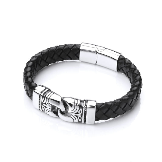 Mens Steel Black Leather Platted Tribal Strap Bracelet 15mm 8.5" - BRC158