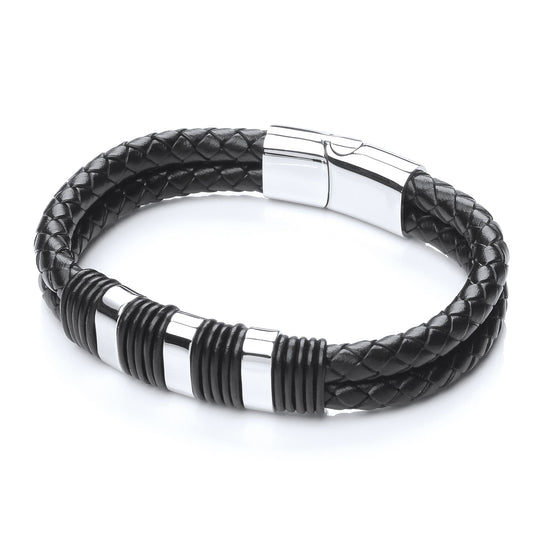 Mens Steel Black Leather Dual Plaited Strap Bracelet 13mm 8.5" - BRC168
