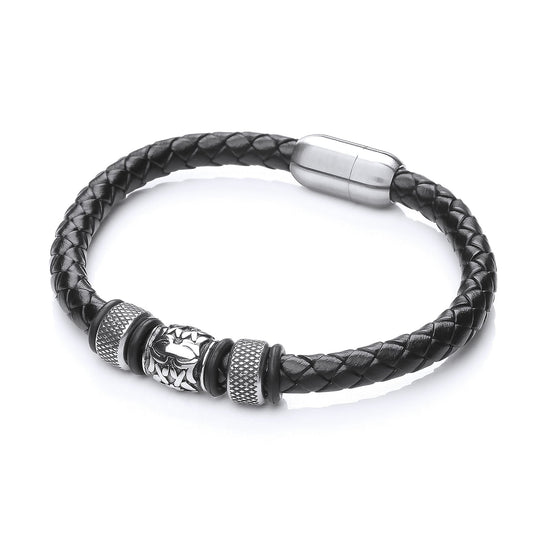 Mens Steel Black Leather Textured Bead Strap Bracelet 11mm - BRC169