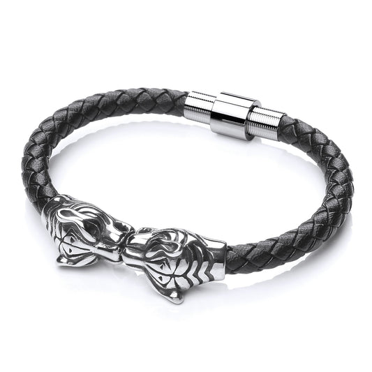 Mens Steel Black Leather Tiger Head Strap Bracelet 17mm 8 inch - BRC170
