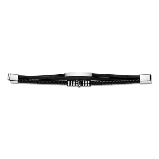 Mens Steel Black Leather ID Strap Bracelet 13mm 8.5 inch - BRC172
