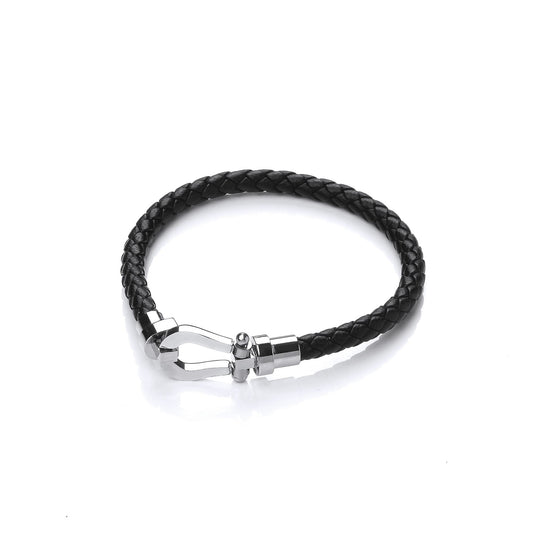 Mens Steel Black Leather Loop Strap Bracelet 12mm - BRC174