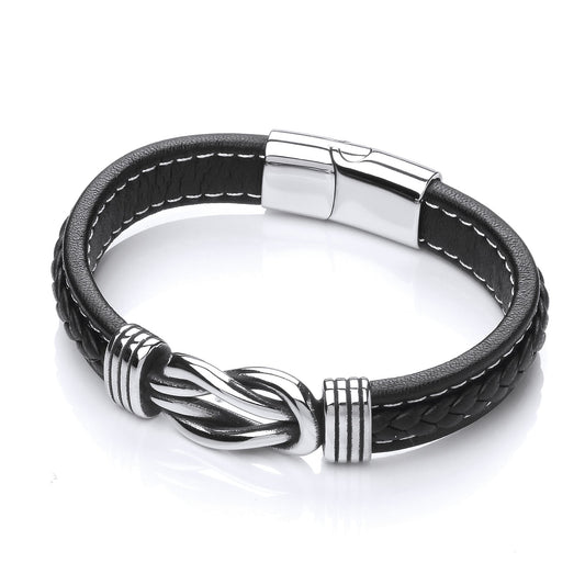 Mens Steel Black Leather Loop Knot Strap Bracelet 13mm - BRC176