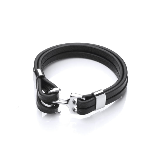 Mens Steel Black Leather Anchor Lock Strap Bracelet 18mm - BRC177