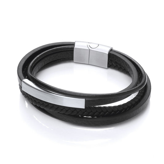 Mens Steel Black Leather Multi Strand ID Strap Bracelet 18mm - BRC178