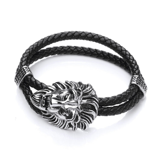 Mens Steel Black Leather Lion Head Strap Bracelet 30mm - BRC179