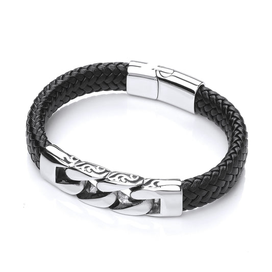 Mens Steel Black Leather Carved Curb Link Strap Bracelet 14mm - BRC180