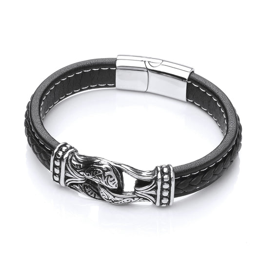 Mens Steel Black Leather Carved Loops Strap Bracelet 13mm - BRC181