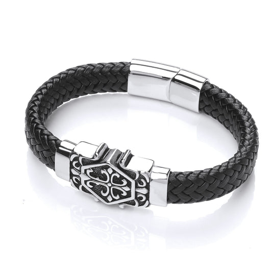 Mens Steel Black Leather Fleur de Lis Cross Strap Bracelet 17mm - BRC182