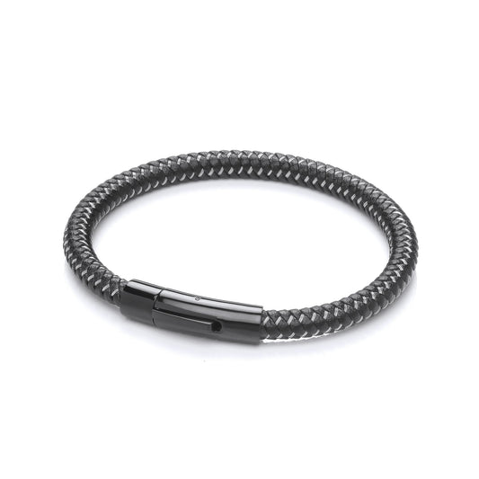 Mens Black Leather Steel Snake Rope Twist Strap Bracelet 6mm 8.5" - BRC184