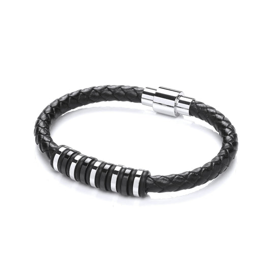 Mens Leather Steel 9 Ring Plain Weave Magnetic Bracelet 6mm 8" - BRC185