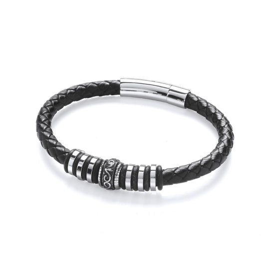 Mens Leather Steel Plain Weave Tribal Scroll Rings Bracelet 8" - BRC186