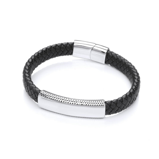Mens Black Leather Steel Plain Weave ID Bar Strap Bracelet 8" - BRC187