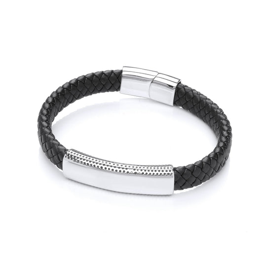 Mens Black Leather Steel Plain Weave ID Bar Strap Bracelet 8" - BRC187
