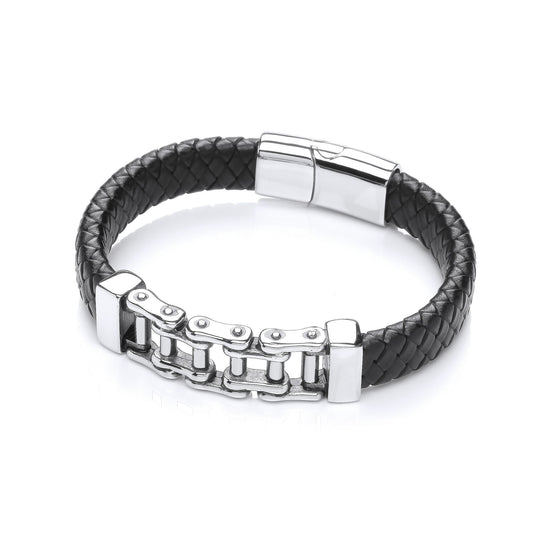 Mens Leather Steel Plain Weave Bicycle Chain Bracelet 12mm 8" - BRC188