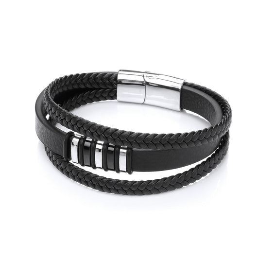 Mens Leather Steel Multi Strand Oval Rings Plaited Bracelet 8" - BRC189