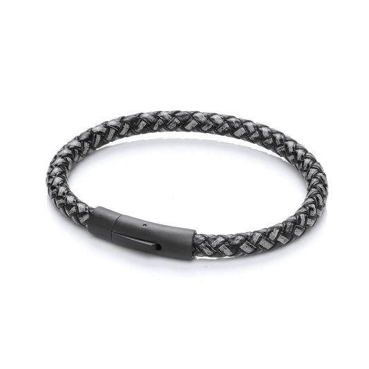 Mens Leather Steel Round Plaited Stonewashed Aged Bracelet 8.5" - BRC190