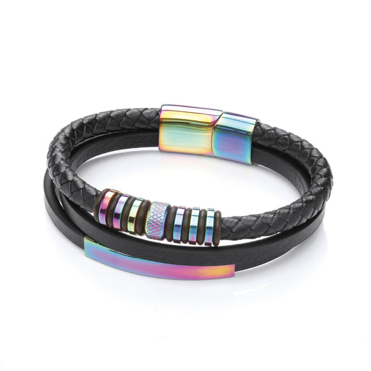 Mens Black Leather Steel Rainbow Plaited ID Bar Strap Bracelet 8" - BRC191