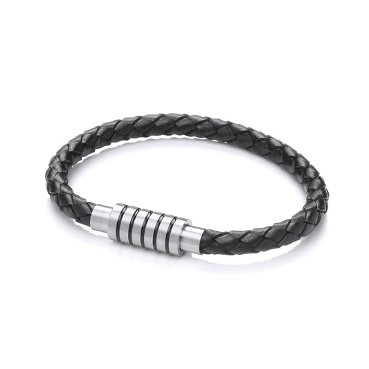 Mens Leather Steel Round Plaited Cylinder Magnetic Bracelet 8" - BRC192